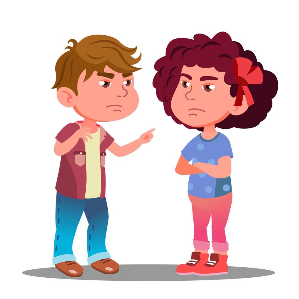 Little Boy And Girl Offended On Each Other Vector. Isolated Illustration vector