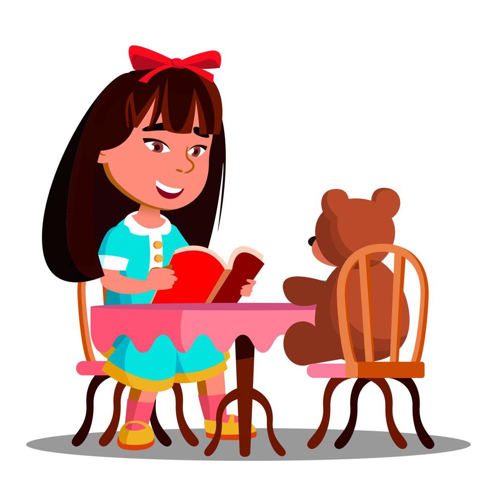 Cute Girl Reading A Book A Soft Toy Bear Vector. Isolated Illustration vector