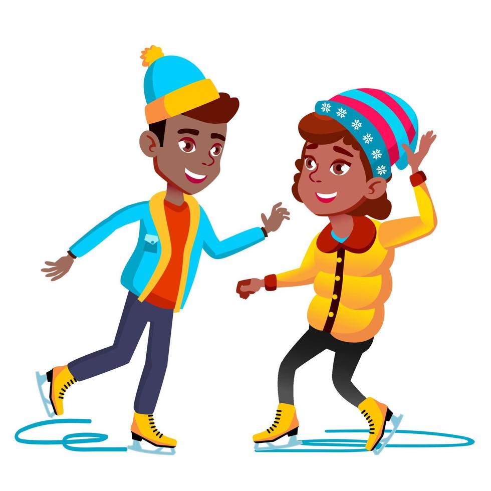 Afro Americal Girl And Boy In Winter Clothes Skating On Ice Vector. Isolated Illustration vector