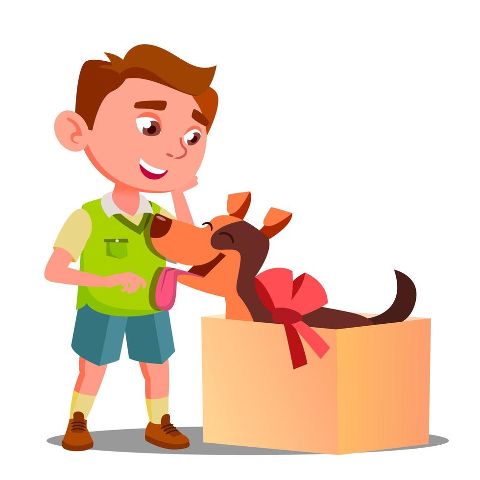 Happy Little Boy Takes Out Of Gift Box A Dog Vector. Isolated Illustration vector