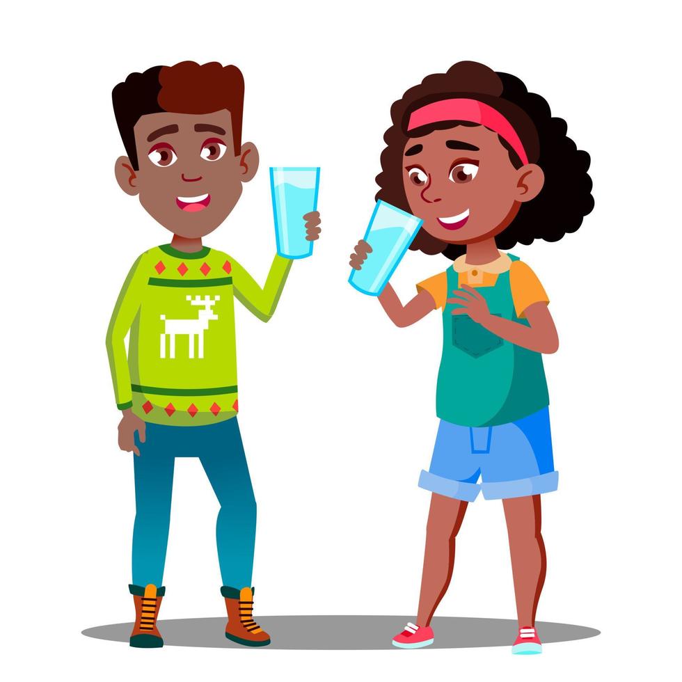 Two Afro American Kids Drinking Organic Milk From A Glass Vector. Isolated Illustration vector