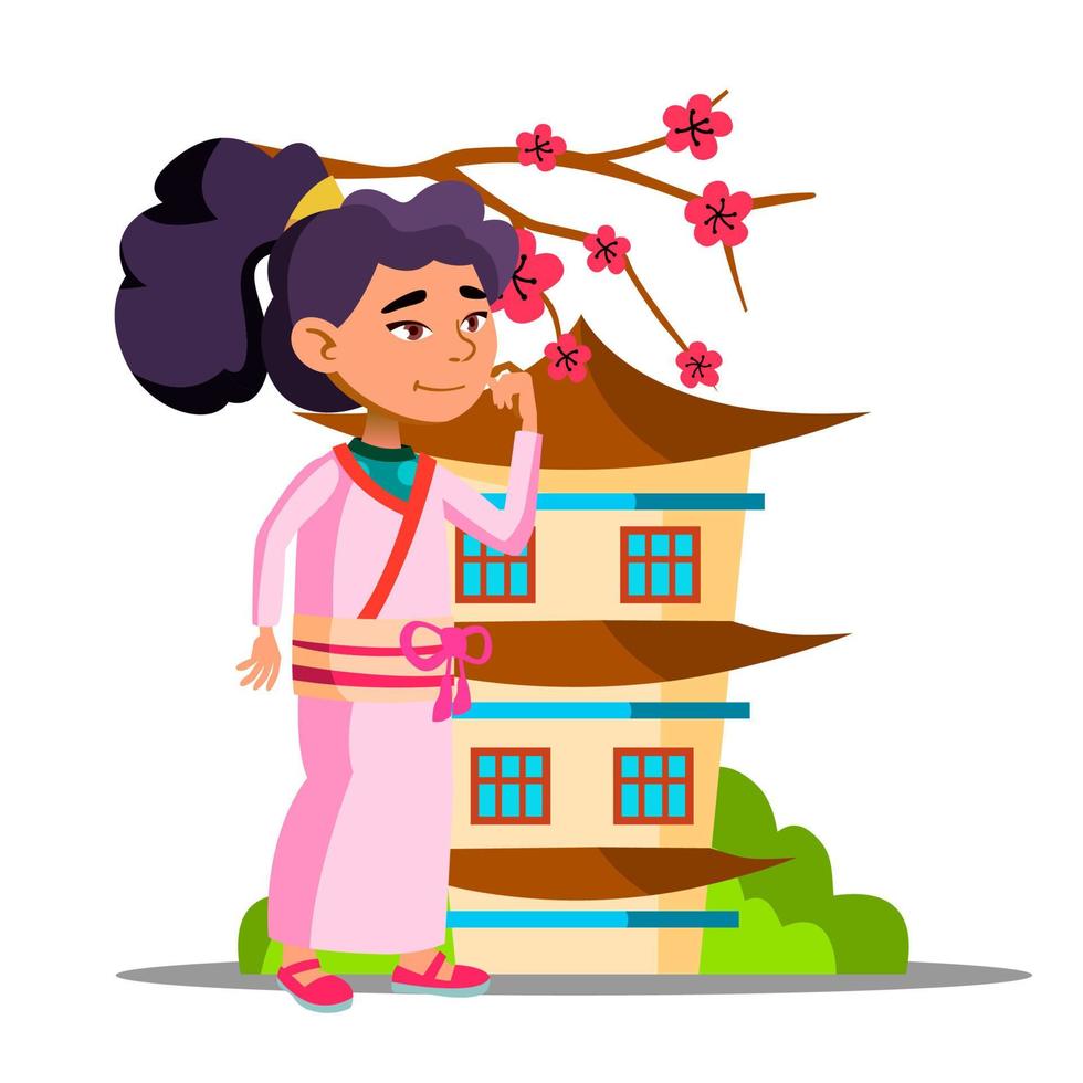 chica asiática cerca de sakura y su vector de casa. ilustración aislada