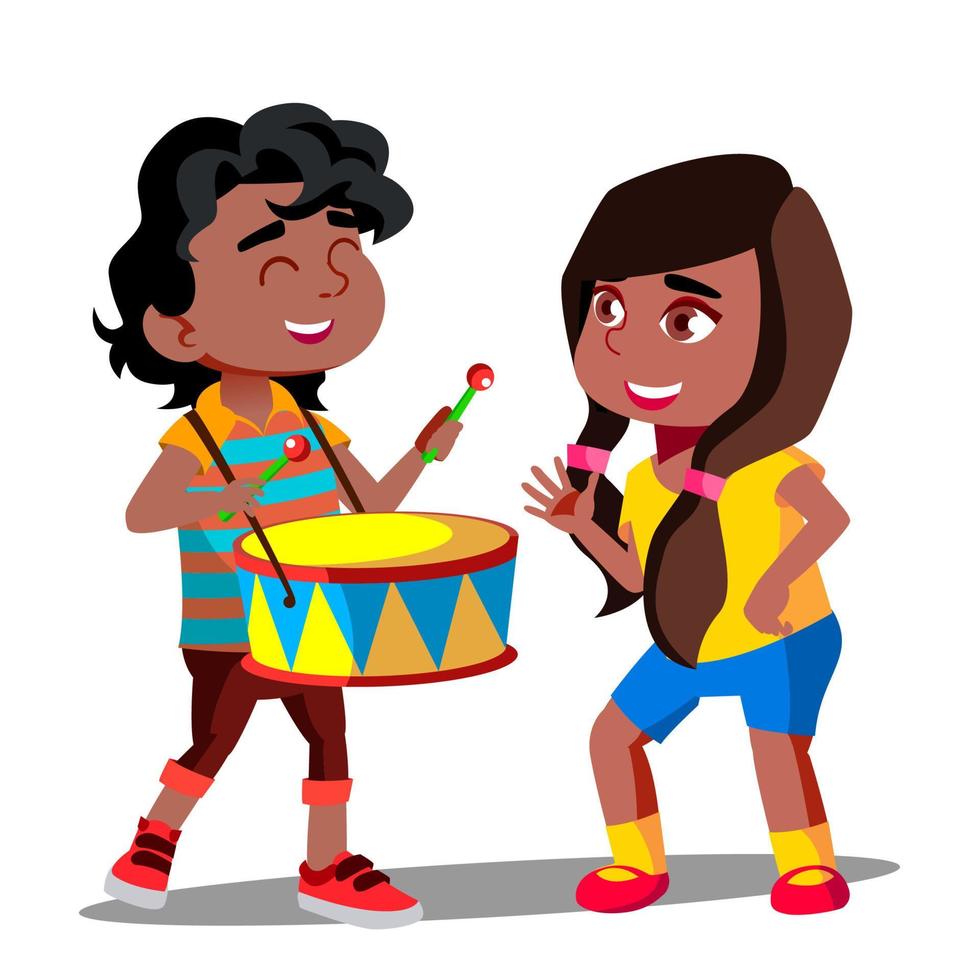 Afro American Boy Playing Drum Next To Dancing Afro American Girl Vector. Isolated Illustration vector