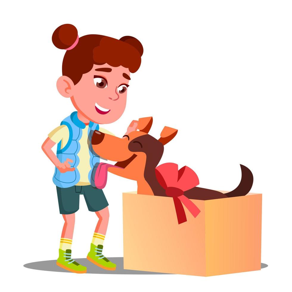Happy Little Girl Takes Out Of Gift Box A Dog Vector. Isolated Illustration vector