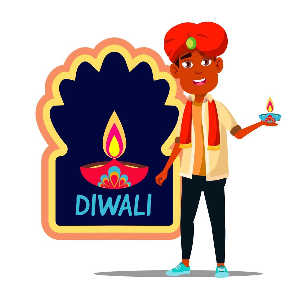Indian Child Boy In Turban With Diwali Banner Vector. Isolated Illustration vector