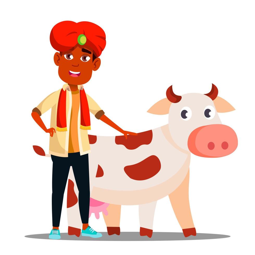 Indian Child Boy In Turban With Cow Vector. Isolated Illustration vector