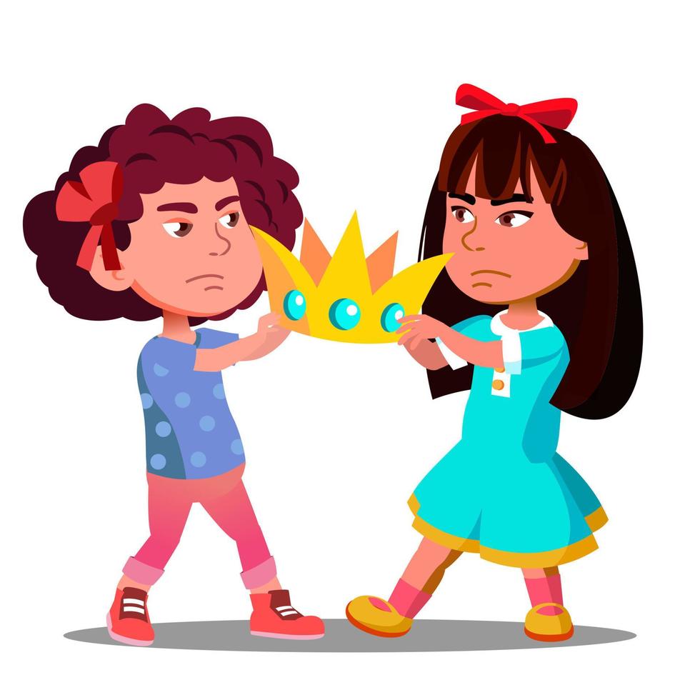 Two Little Girls Pulling Out The Crown From Hands Of Each Other Vector. Isolated Illustration vector