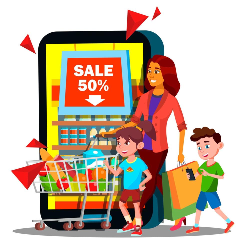 Online Shopping Vector. Mother With Children, Shopping Chart In Mobile Online Shop. Illustration vector