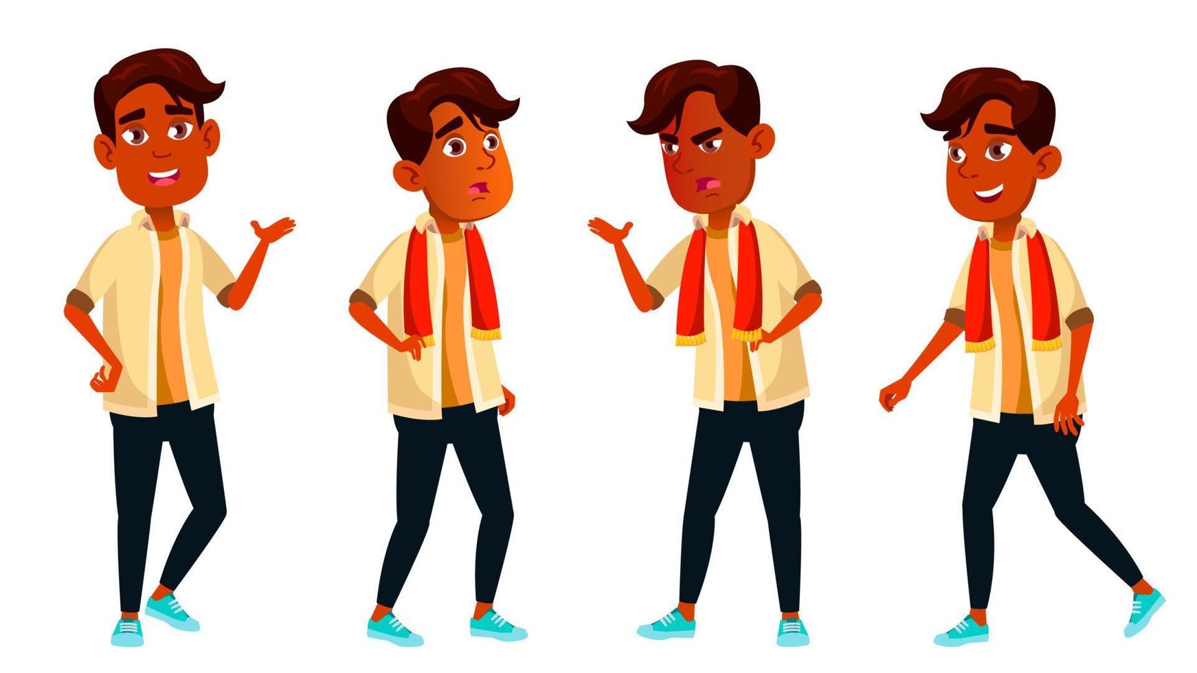 Indian Boy Poses Set Vector. High School Child. Secondary Education. Educational, Auditorium, Lecture. For Card, Advertisement, Greeting Design. Isolated Cartoon Illustration vector