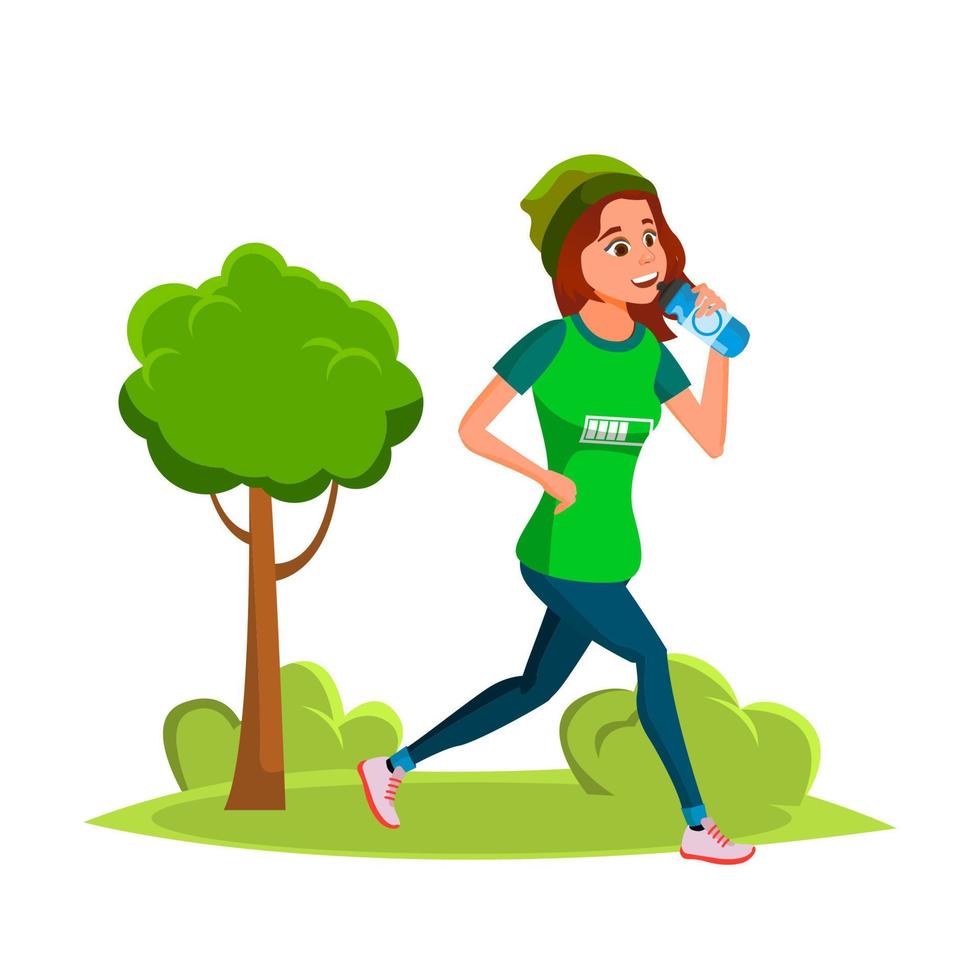 Girl Running In Park And Drinking Water Vector