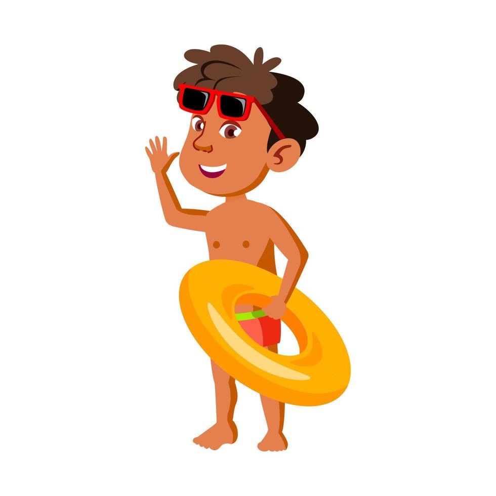 Boy Child With Lifebuoy Go To Swimming Pool Vector