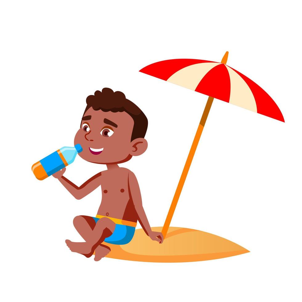 niño niño sentado en la playa bajo el paraguas vector
