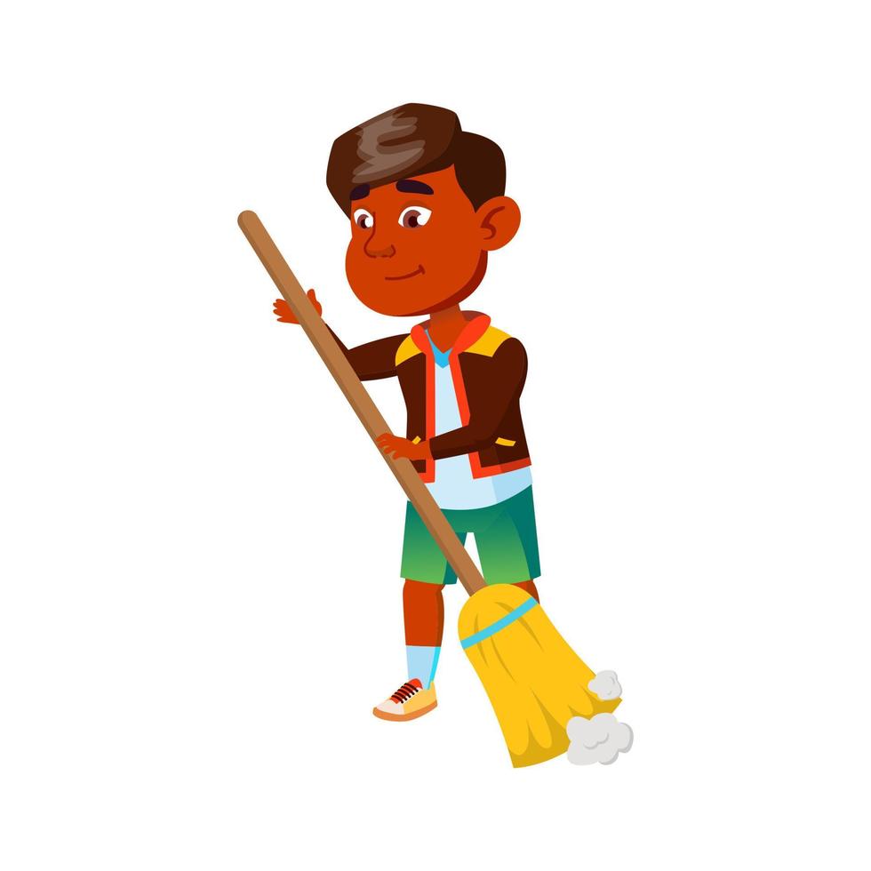 Boy Child Cleaning House Floor With Broom Vector