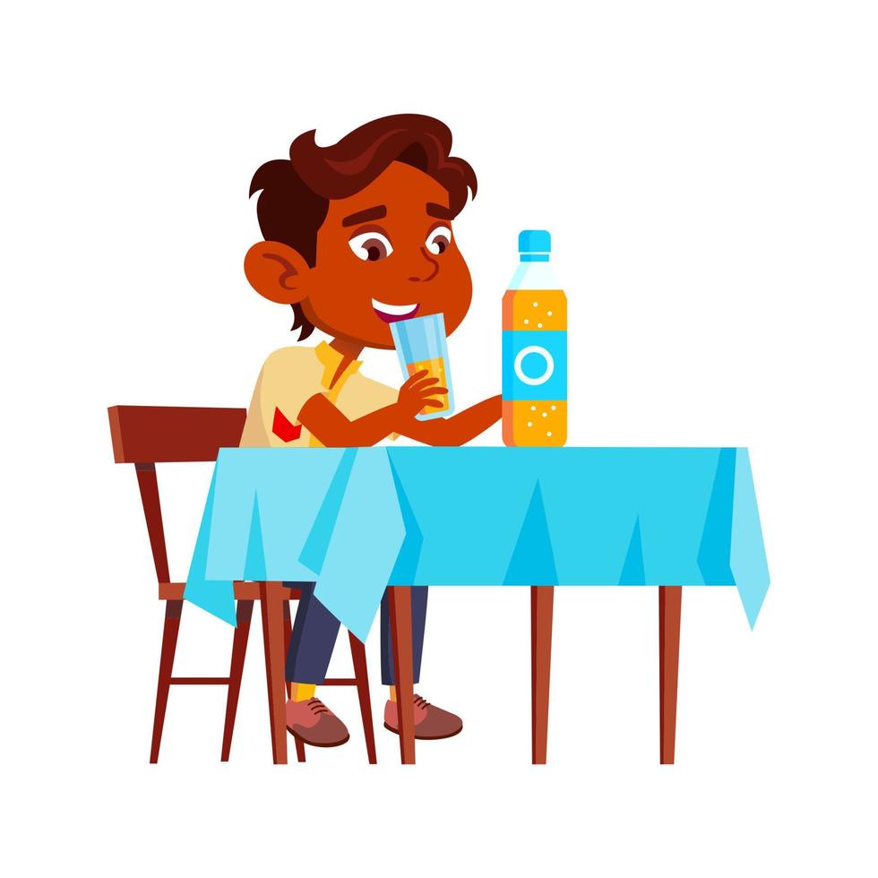 Boy Child Drinking Natural Juice At Table Vector