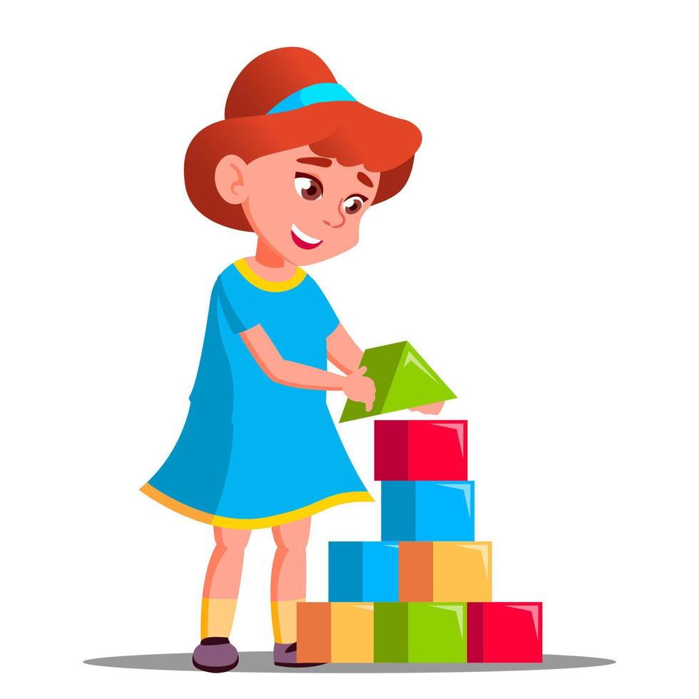 niña jugando en el vector de bloques de construcción. ilustración aislada