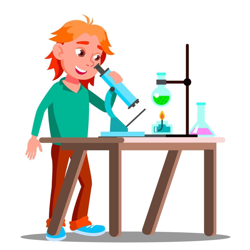 Curious Child Using A Microscope In School Vector. School. Education. Isolated Illustration vector