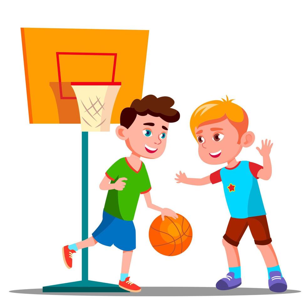 Two Boys Playing Basketball On The Playground Together Vector. Summer Activity. Isolated Illustration vector