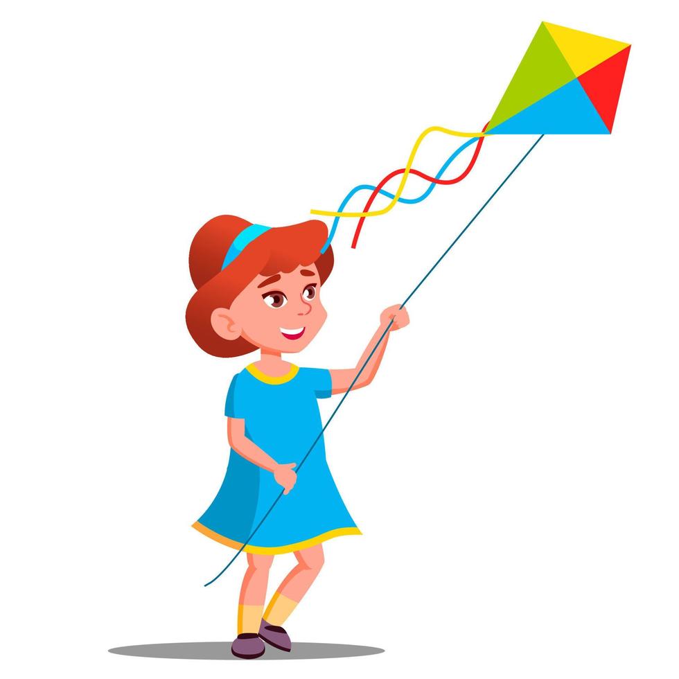 Little Kid Girl Running With Colored Kite In Her Hand Vector. Summer. Outdoor Activity On Playground. Illustration vector