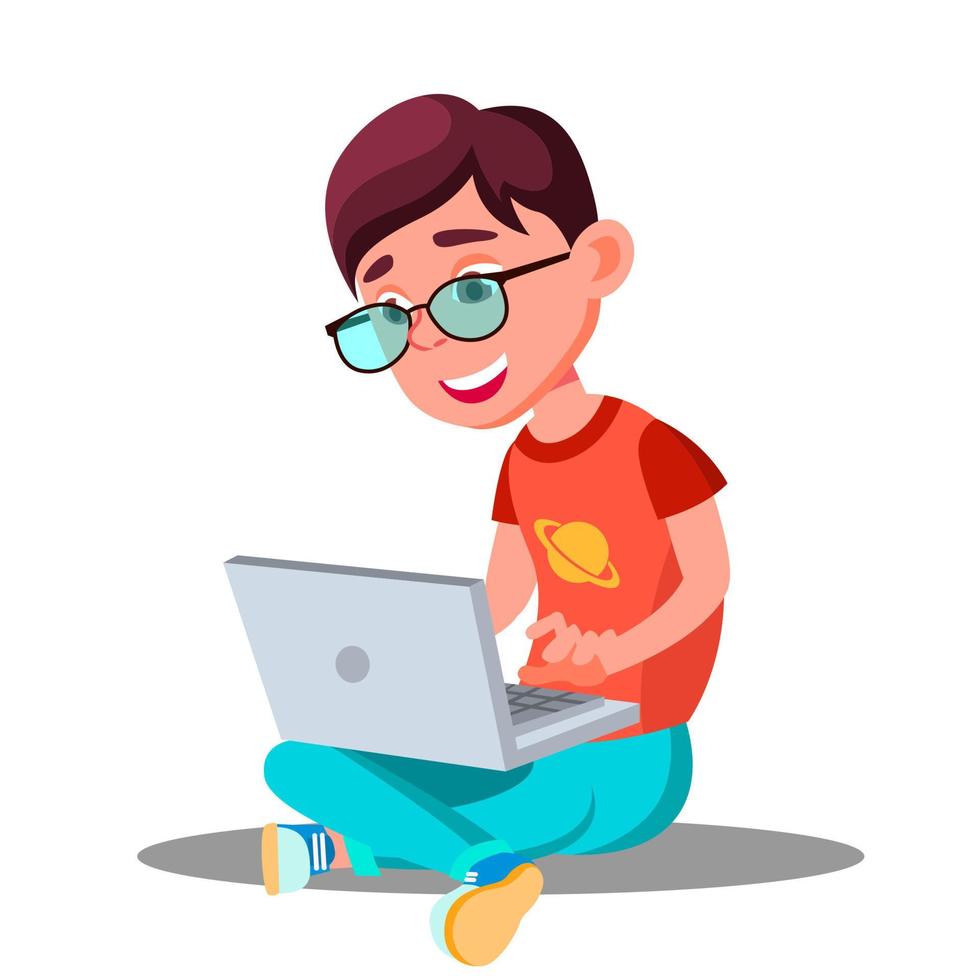 Little Boy Doing Homework At Home With Computer Vector. Isolated Illustration vector