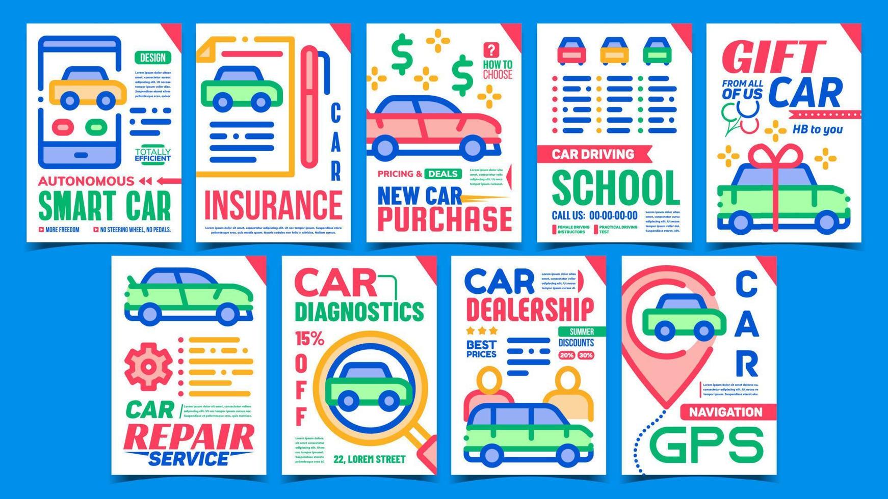 Concesionario de coches carteles publicitarios set vector