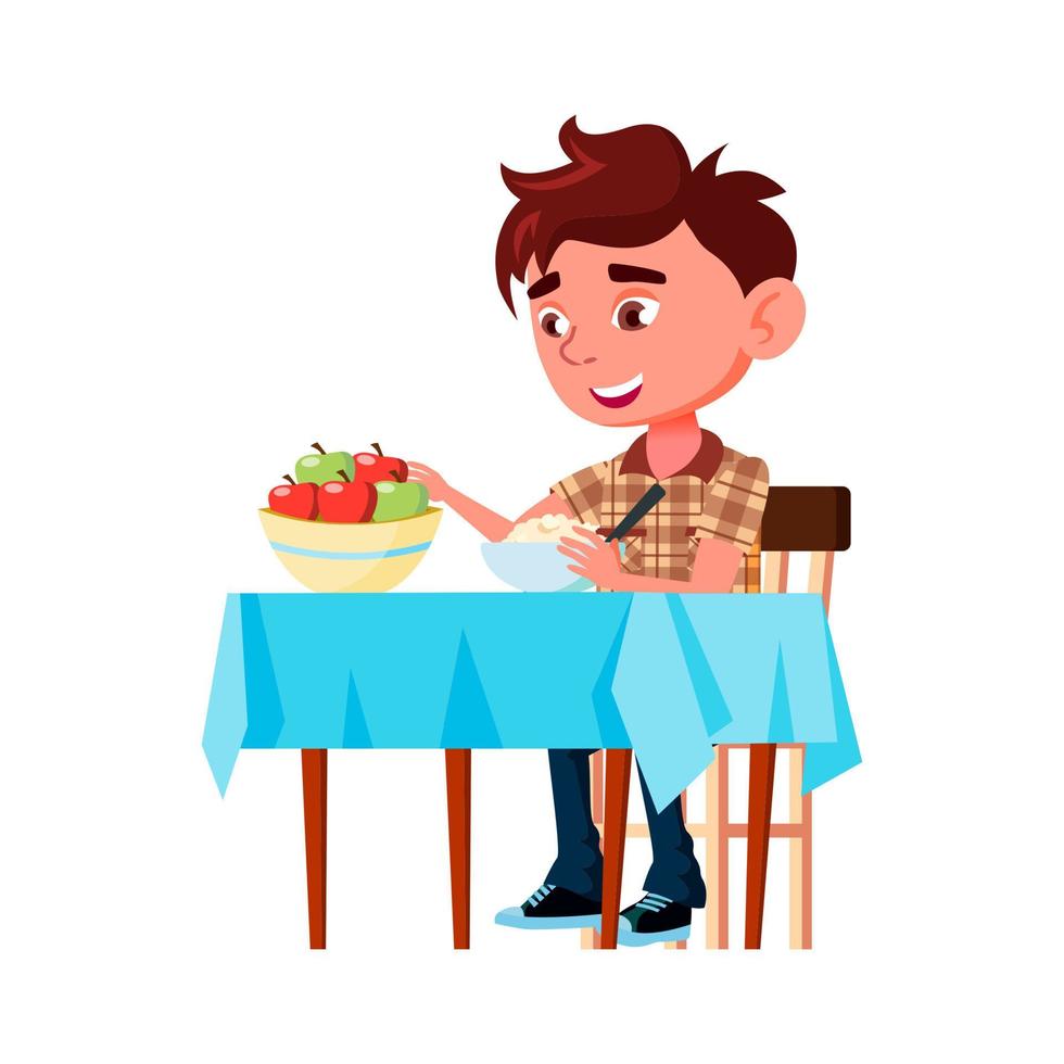Boy Kid Eating Porridge And Apple At Table Vector