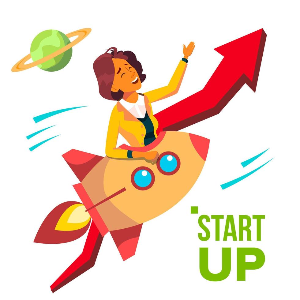 Startup Vector. Rocket Soars Up On Background Of Red Arrow Growthing Up. Business Woman Enjoying Good Start. Illustration vector