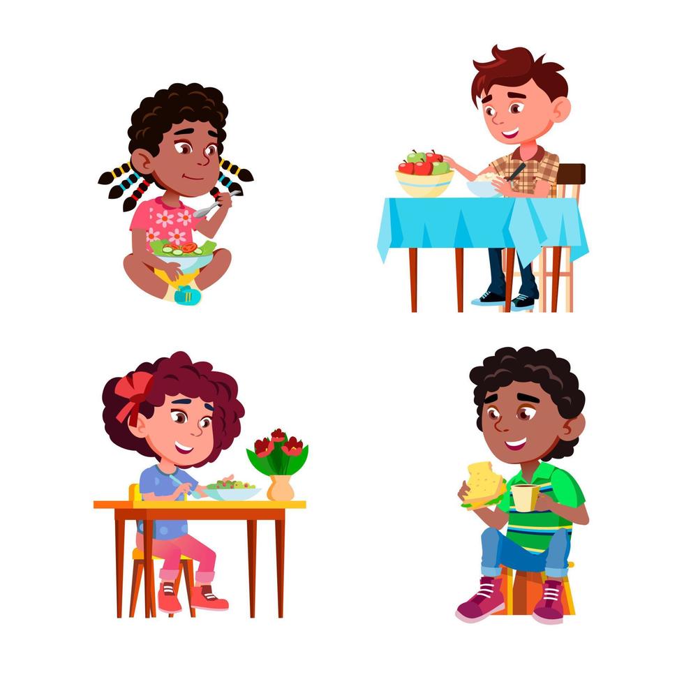 Children Eat Salad Healthy Natural Dish Set Vector