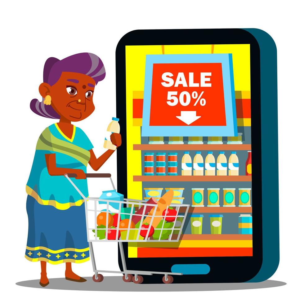 Online Shopping Vector. Old Woman Standing With Shopping Cart And Buying Food Online. Illustration vector