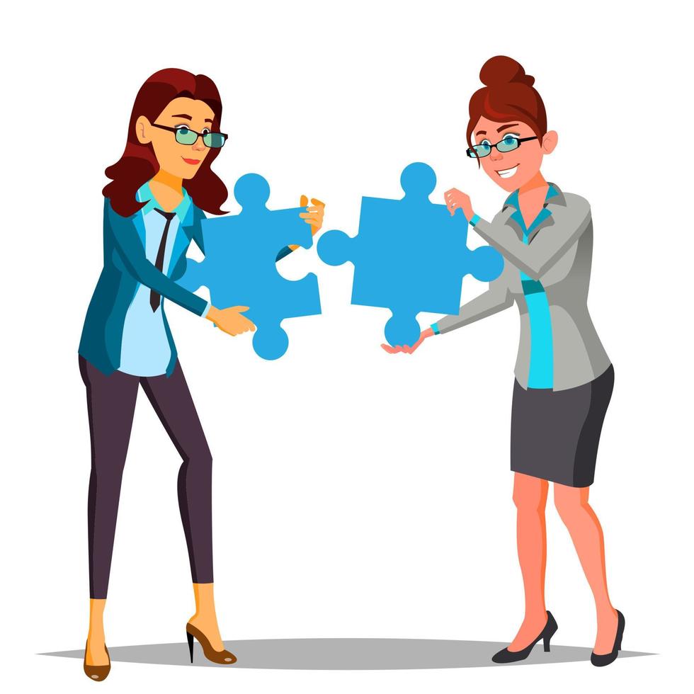 Partnership Vector. Two Business Woman Holding In Hands Two Large Puzzles And Put It Together. Illustration vector