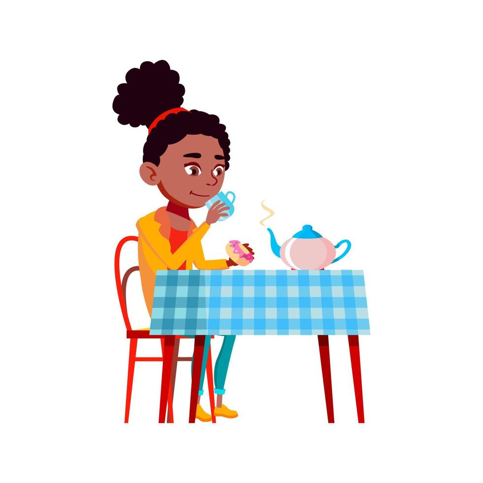 Tea Drinking Teen Girl At Table In Morning Vector