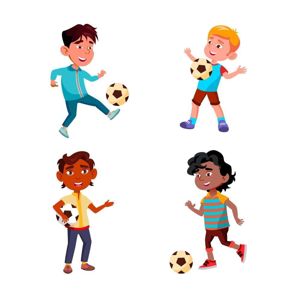 Boys Children Playing Soccer Sport Game Set Vector