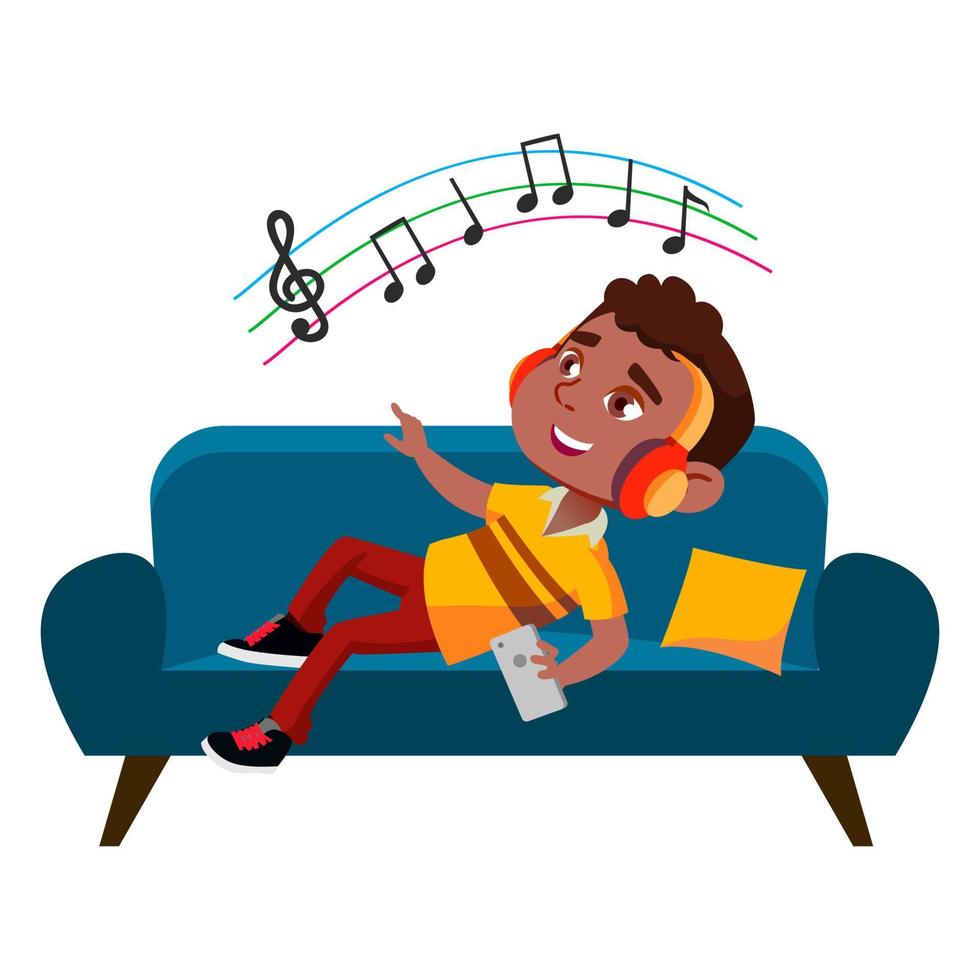 niño niño escuchando música en vector de teléfono inteligente