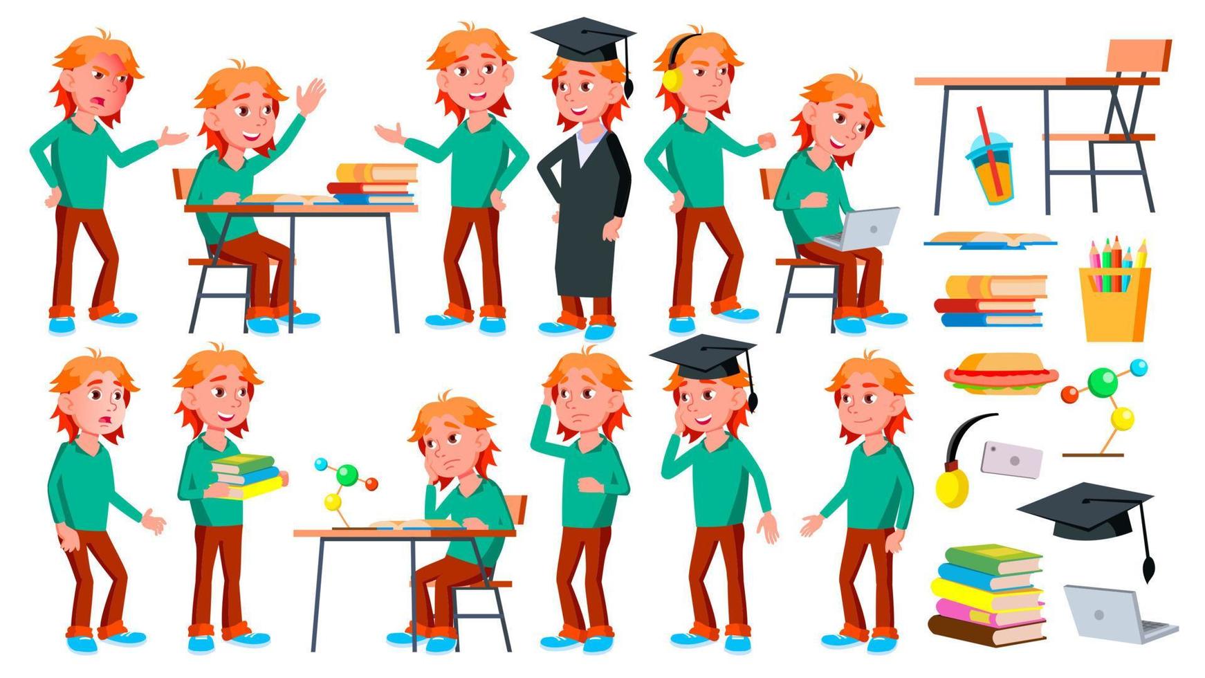 Boy Schoolboy Kid Poses Set Vector. High School Child. Children Study. Smile, Activity, Beautiful. For Web, Brochure, Poster Design. Isolated Cartoon Illustration vector