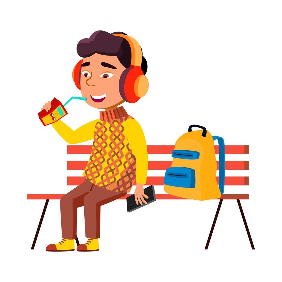 Boy Kid Sitting On Bench And Drink Juice Vector