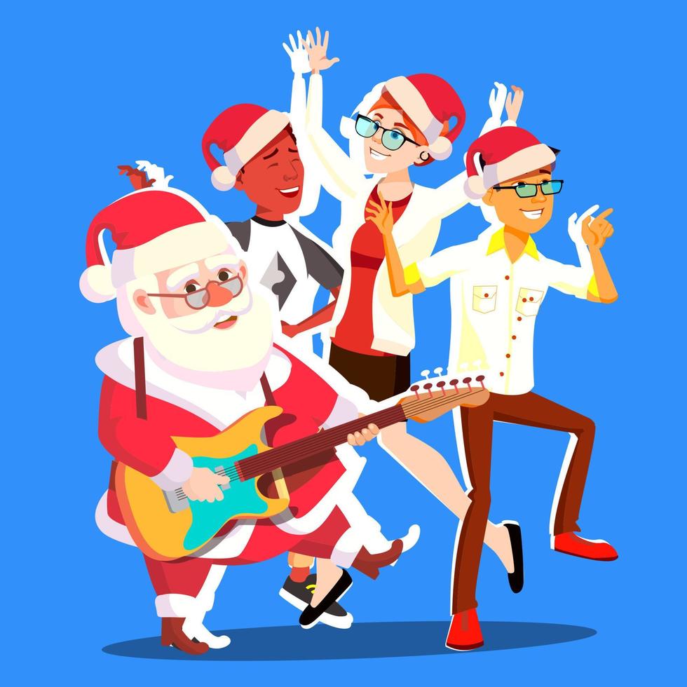 Santa Claus Dancing With Group Of People And Guitar In Hands. Christmas Party Vector Illustration