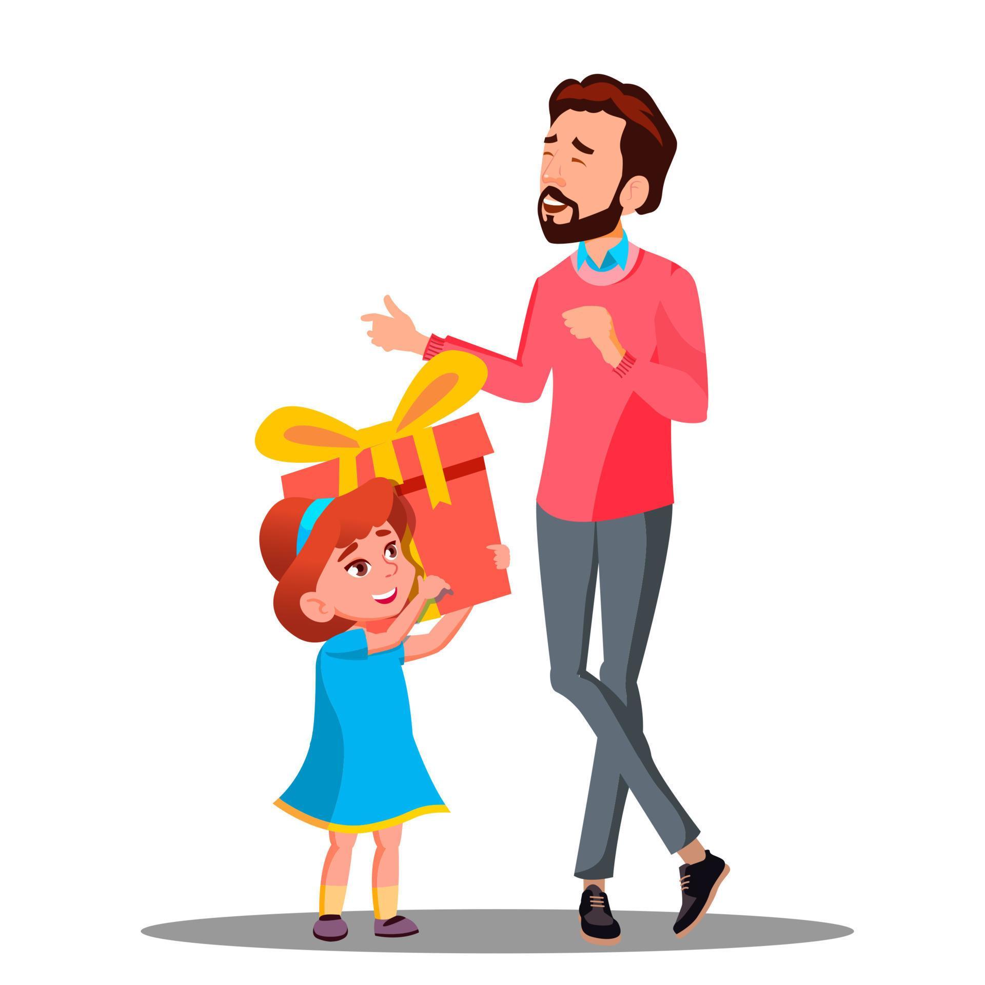 Little Daughter Gives Gift To Dad Vector. Isolated Illustration