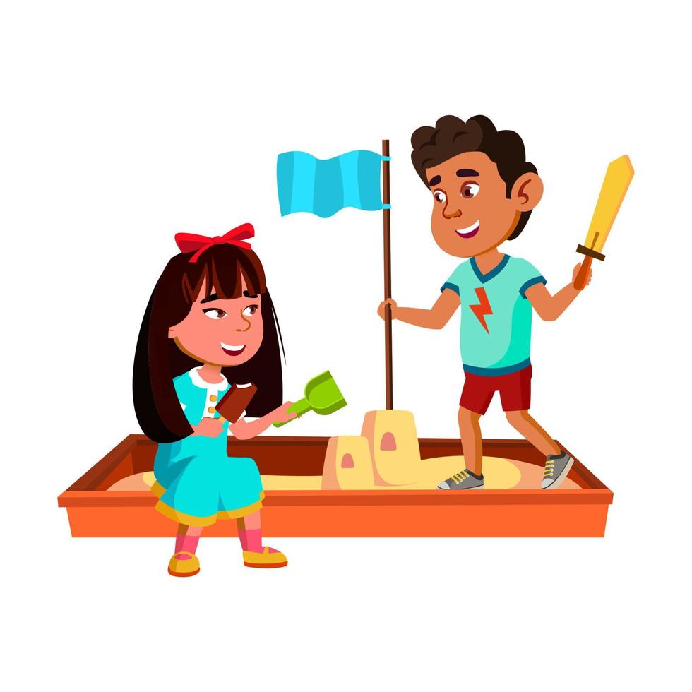 Boy And Girl Children Playing In Sandbox Vector