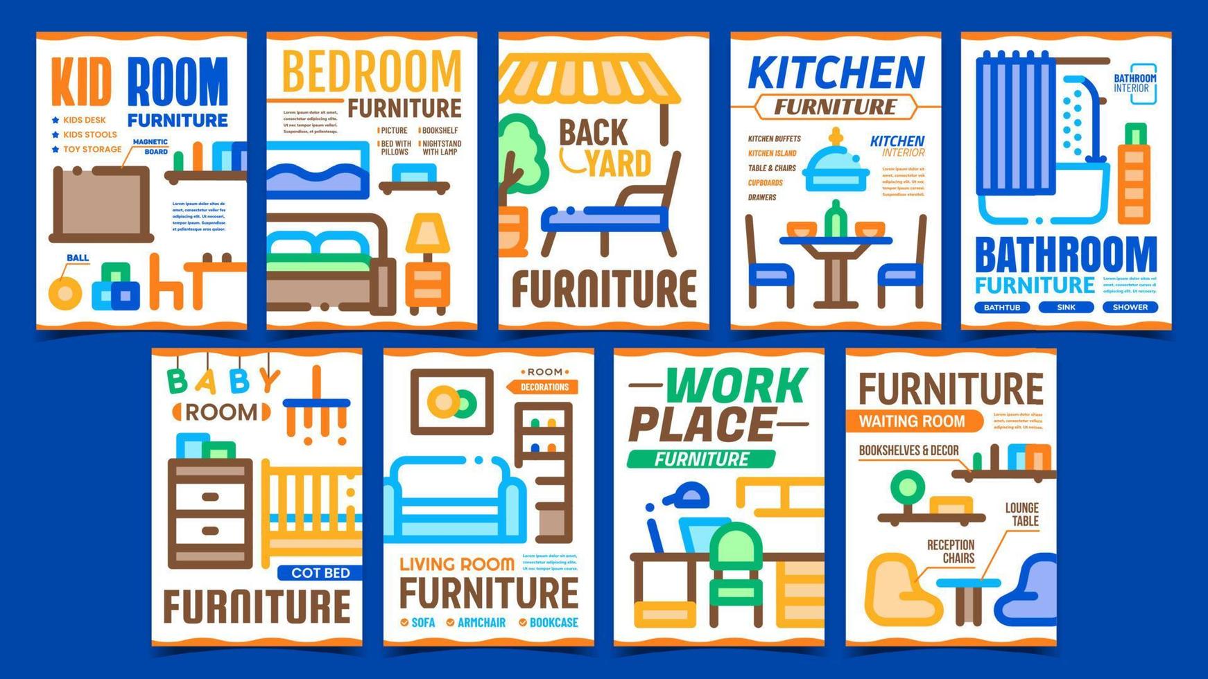 hogar habitaciones muebles promo carteles set vector