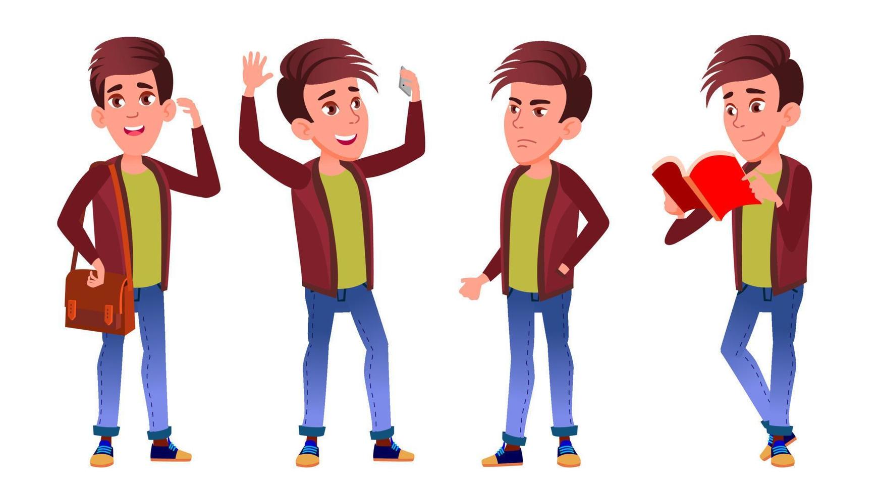 Boy Schoolboy Kid Poses Set Vector. High School Child. Teenage. Book, Workspace, Board. For Web, Brochure, Poster Design. Isolated Cartoon Illustration vector