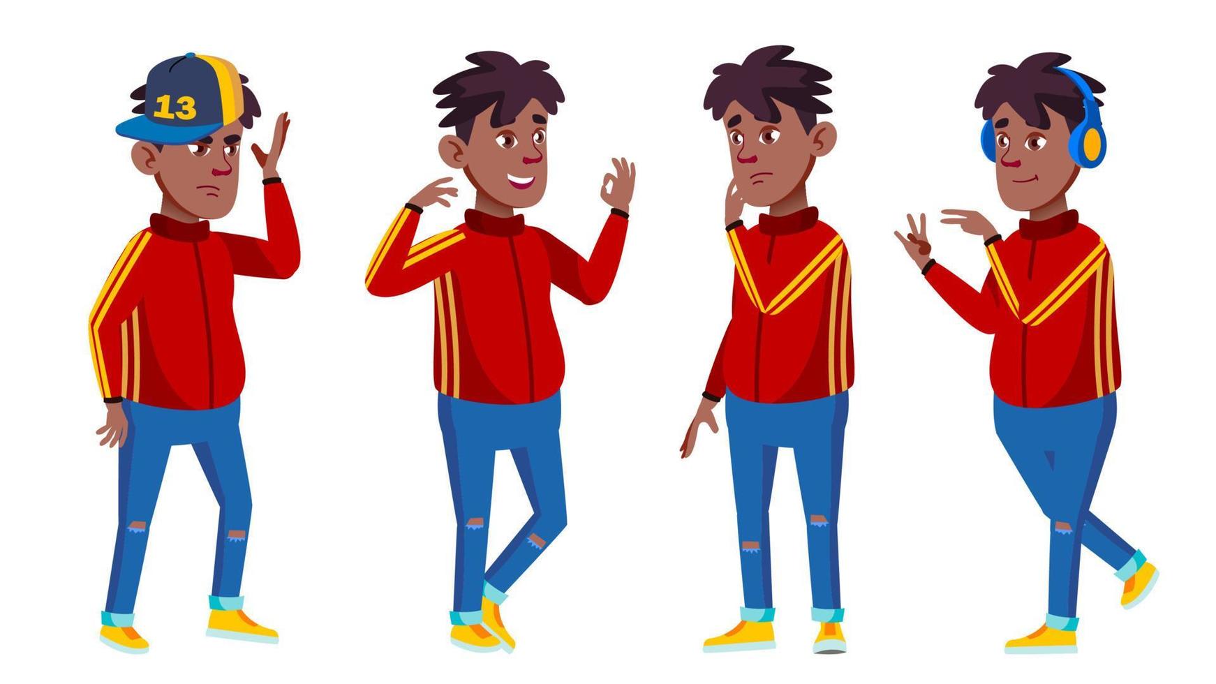 Boy Poses Set Vector. Black. Afro American. School Student. Headphones. Expression, Happy Childhood, Positive Person. For Banner, Flyer, Brochure Design. Isolated Cartoon Illustration vector