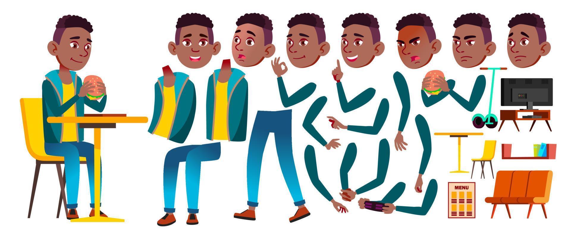 Boy Schoolboy Kid Vector. Black. Afro American. High School Child. Animation Creation Set. Face Emotions, Gestures. Classmate. Teenager, Classroom, Room. Animated. Isolated Cartoon Illustration vector