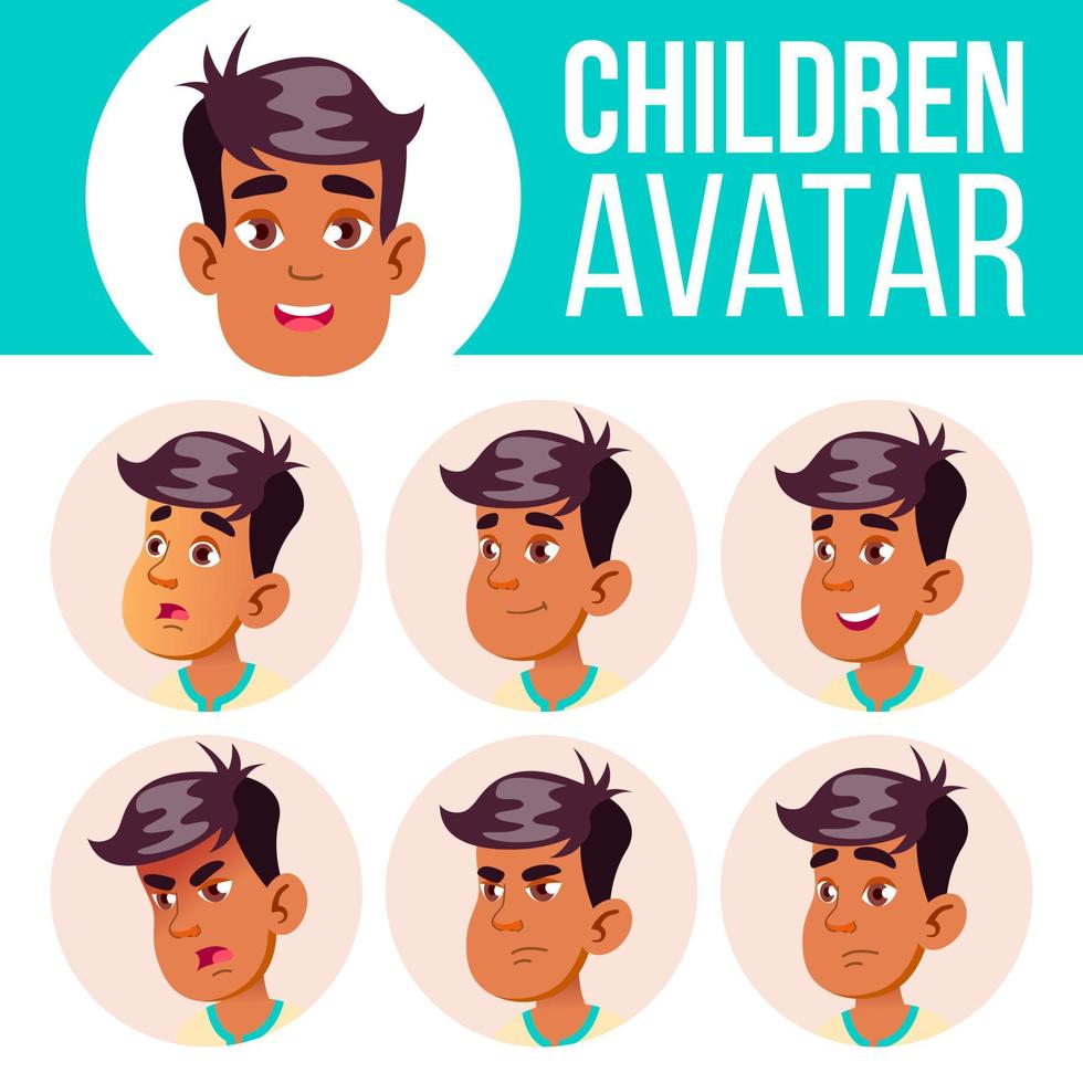 avatar de niño árabe y musulmán establece vector de niño. escuela secundaria. enfrentar las emociones. usuario, personaje. divertido, alegre. ilustración de cabeza de dibujos animados