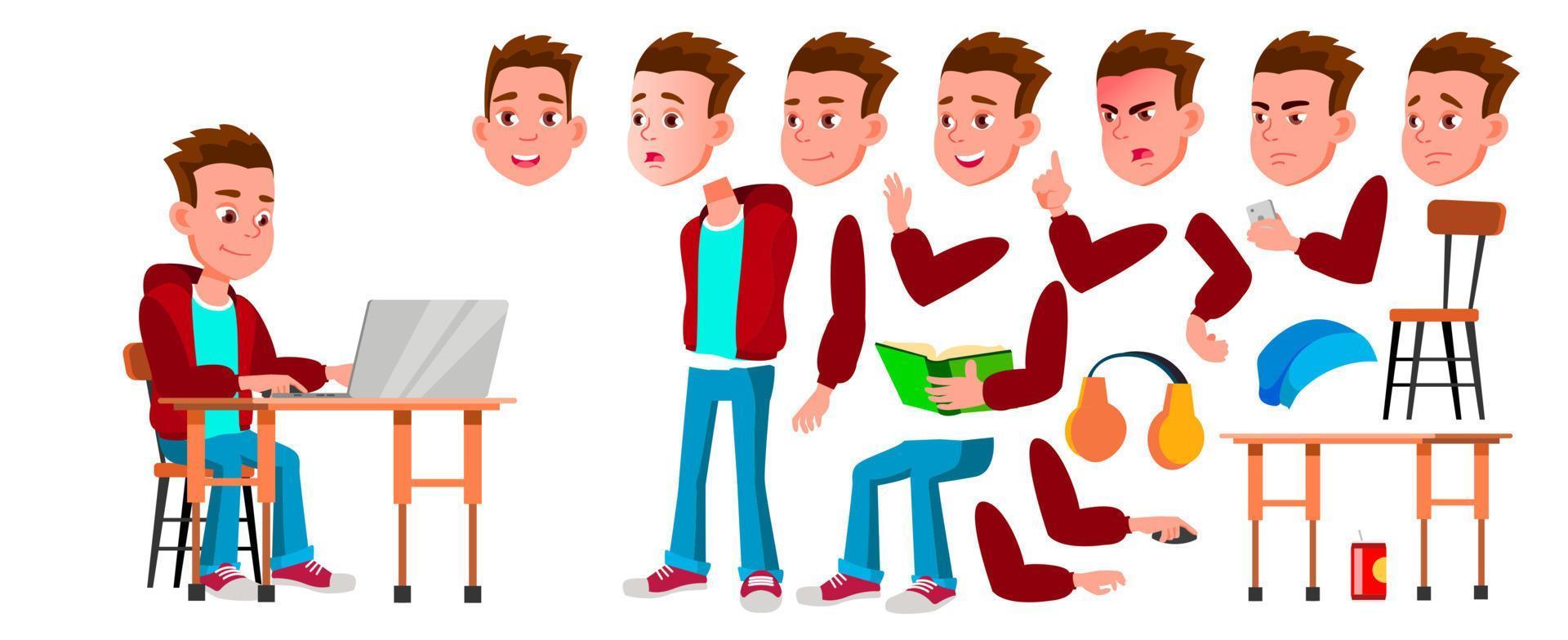Boy Schoolboy Kid Vector. High School Child. Animation Creation Set. Face Emotions, Gestures. Child Pupil. Subject, Clever, Studying. For Banner, Flyer, Web Design. Animated. Cartoon Illustration vector