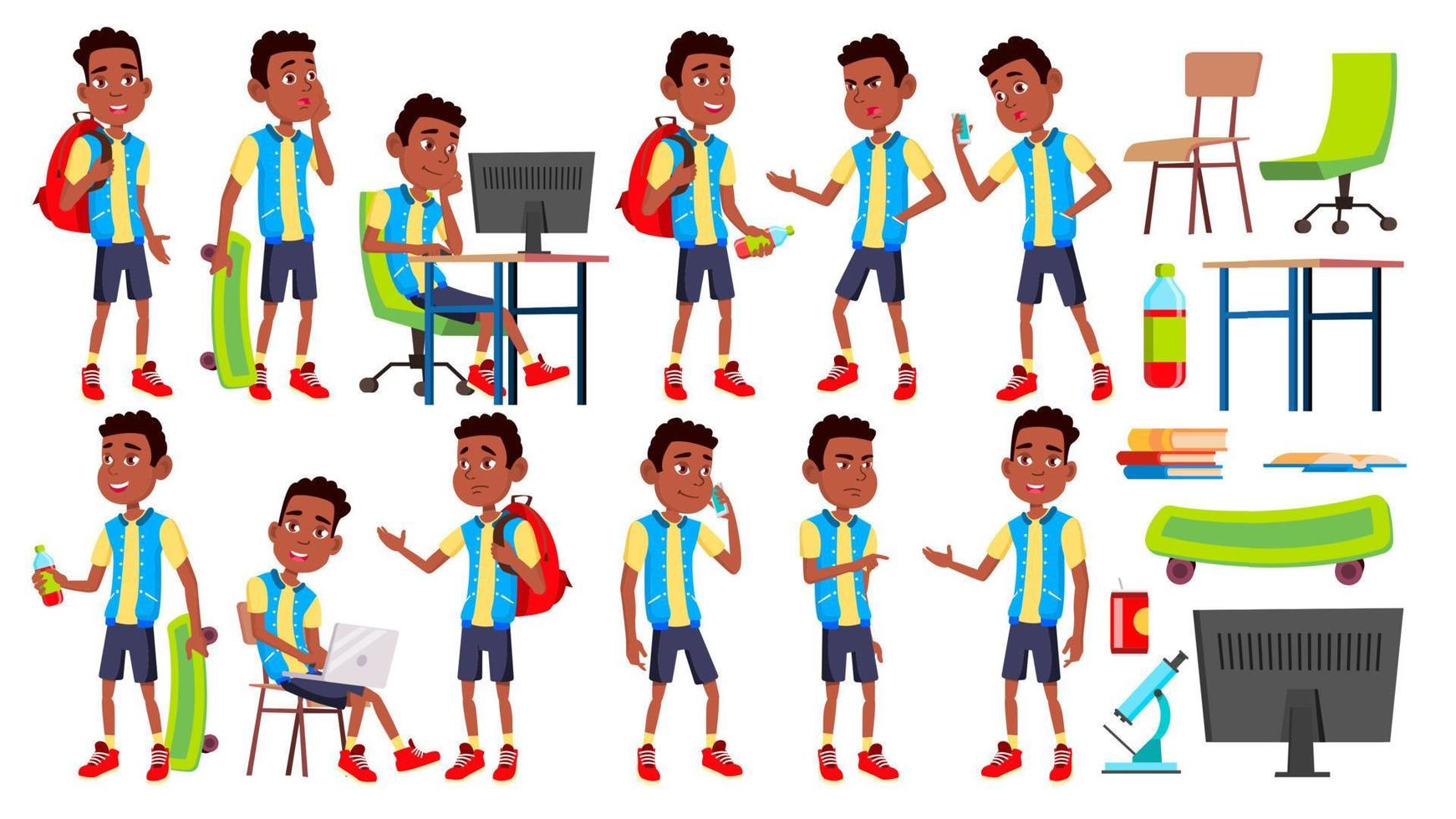 Boy Schoolboy Kid Poses Set Vector. High School Child. Teenage. Black. Afro American. Book, Workspace, Board. For Web, Brochure, Poster Design. Isolated Cartoon Illustration vector