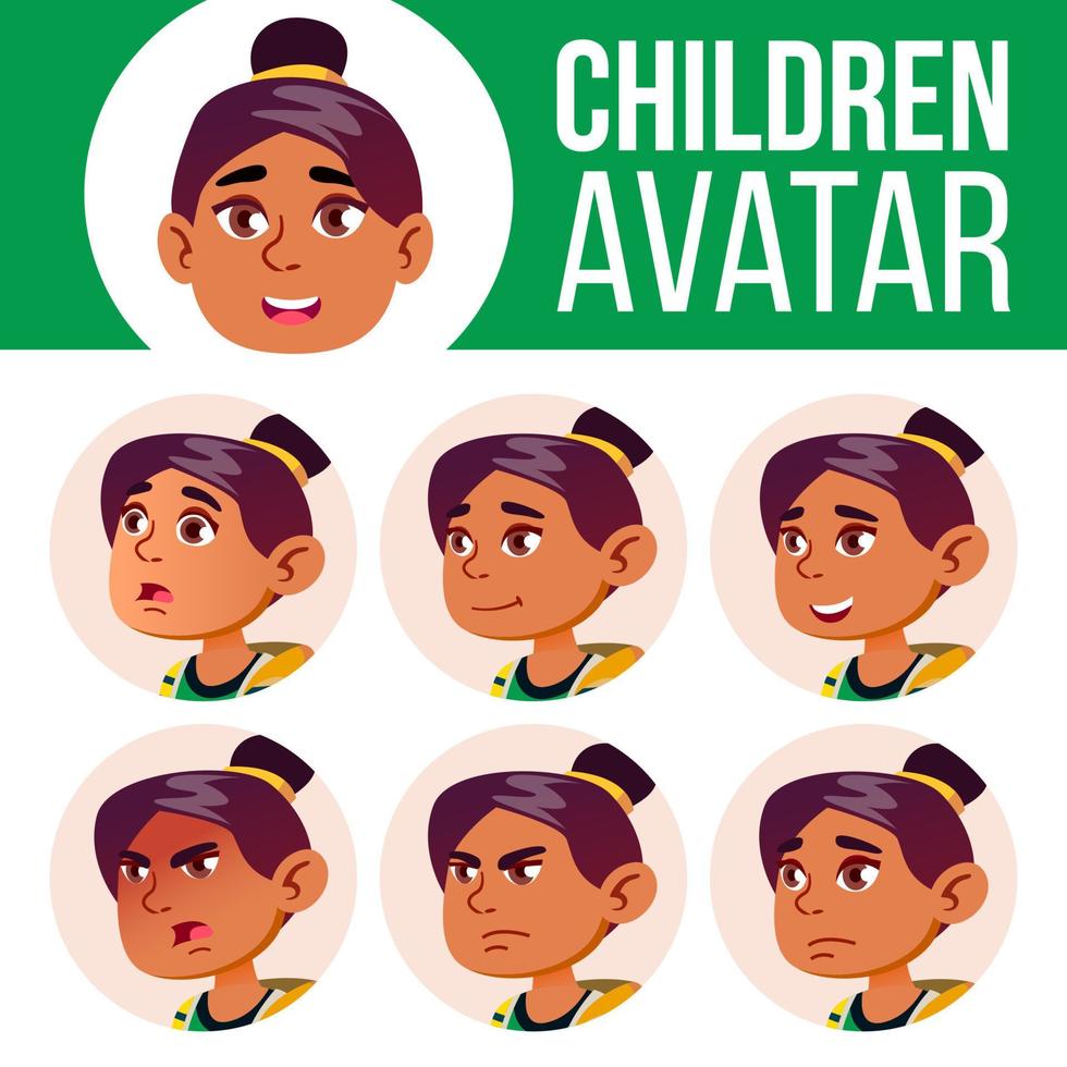 avatar de niña árabe y musulmana establece vector de niño. escuela secundaria. enfrentar las emociones. plano, retrato. juventud. ilustración de cabeza de dibujos animados