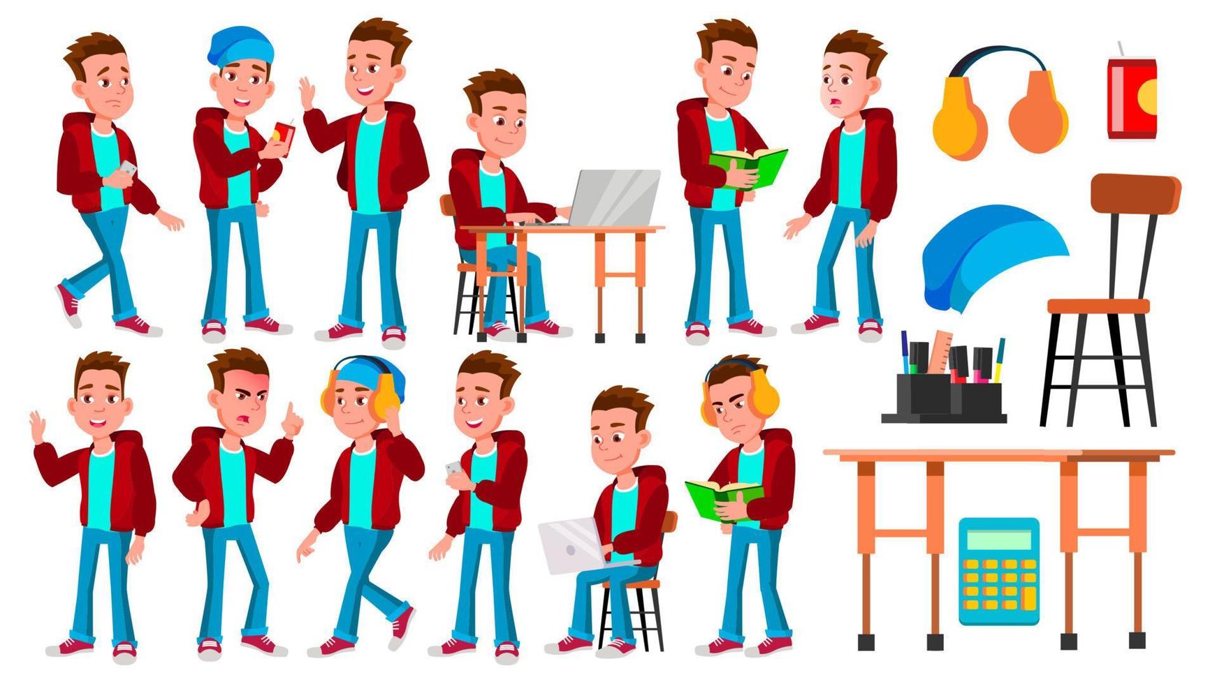 Boy Schoolboy Kid Poses Set Vector. High School Child. School Student. Graduation, Homework, Teacher. For Banner, Flyer, Web Design. Isolated Cartoon Illustration vector