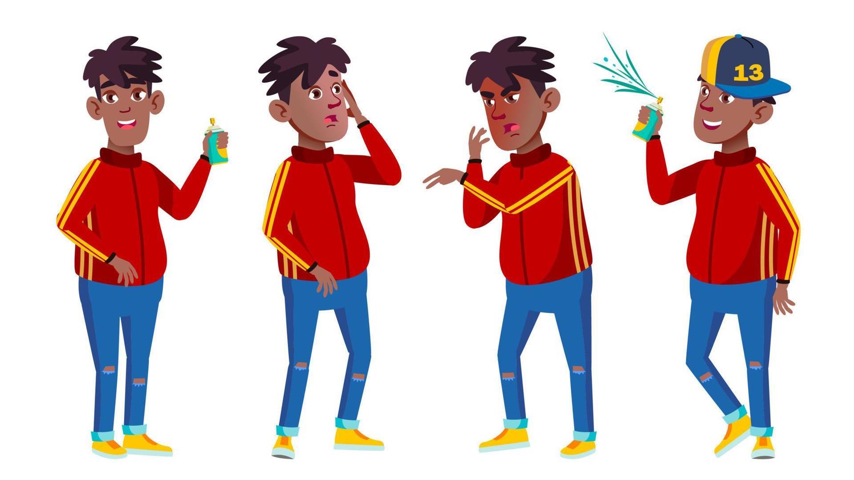 Boy Schoolboy Set Vector. Black. Afro American. Paint, Graffiti. Street Art. Young People, Face, Cheerful. For Postcard, Cover, Placard Design. Isolated Cartoon Illustration vector