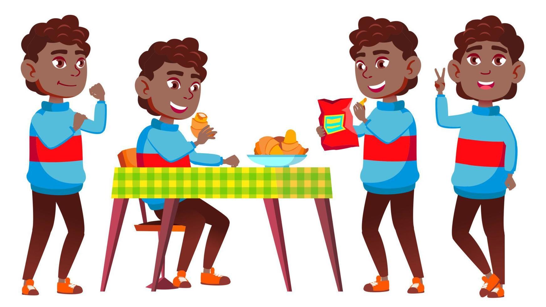 niño colegial niño plantea establecer vector. negro. afroamericano. niño de secundaria. educación Secundaria. ropa casual, amigo. para publicidad, saludo, diseño de anuncios ilustración de dibujos animados aislados vector