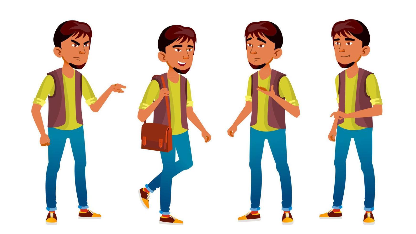 Arab, Muslim Boy Schoolboy Kid Poses Set Vector. Secondary Education. Young, Cute, Comic. For Presentation, Print, Invitation Design. Isolated Cartoon Illustration vector