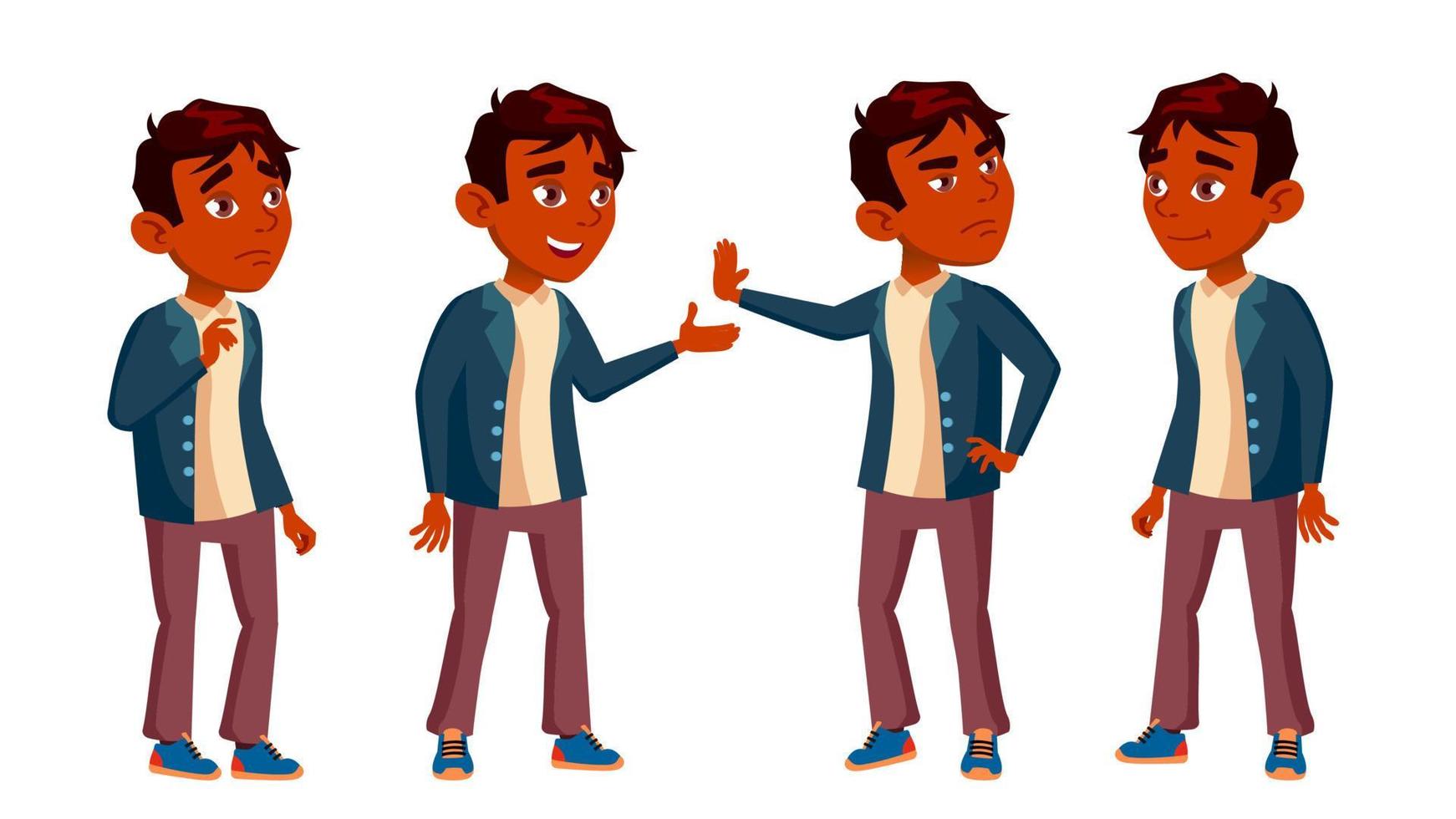 Indian Boy Schoolboy Kid Poses Set Vector. High School Child. Teenage. Book, Workspace, Board. For Web, Brochure, Poster Design. Isolated Cartoon Illustration vector